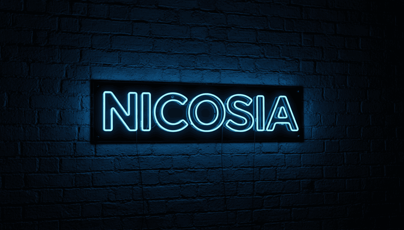 Custom LED neon sign reading NICOSIA in bold modern font, glowing electric blue on exposed brick — handcrafted by LASERCRAFTCY