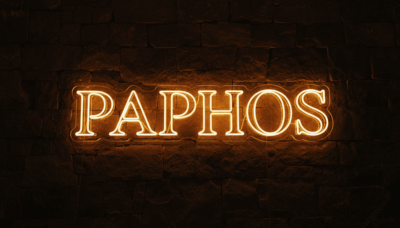 Custom LED neon sign reading PAPHOS in contemporary serif font, glowing amber-gold on natural stone wall — handcrafted by LASERCRAFTCY